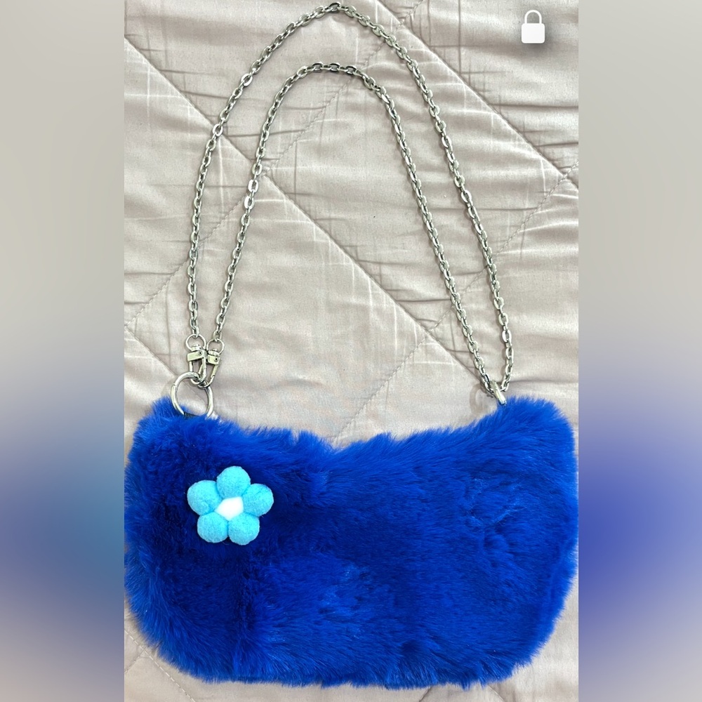 Blue Furry Kids/Womans Shoulder Bag with Flower Accent
